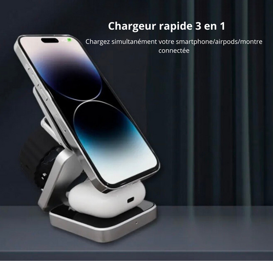Chargeur Rapide Pliable Magnétique Qi 15W 3 en 1, Support pour Téléphone Portable