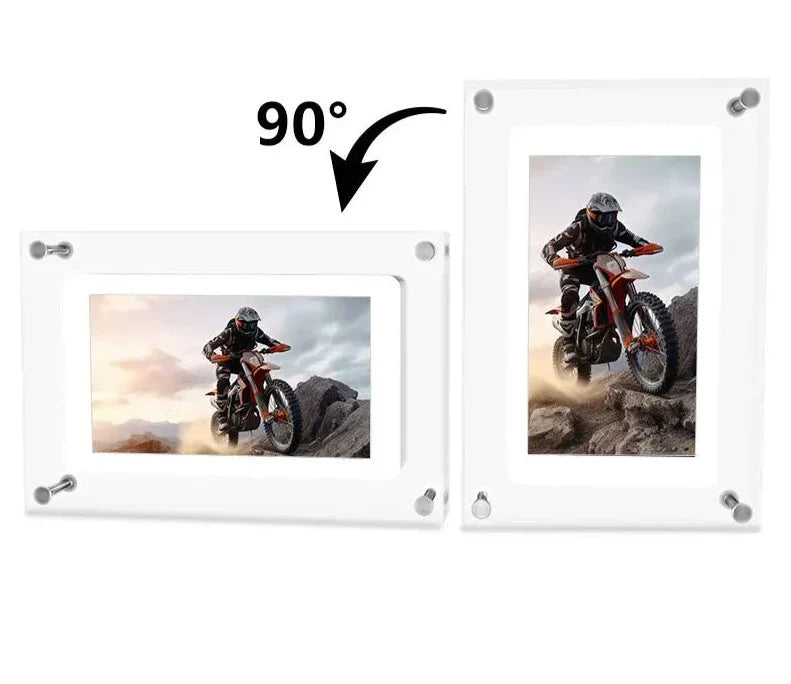 Cadre photo numérique transparent en acrylique, idéal pour afficher vos souvenirs depuis votre smartphone. Clarté et lecture vidéo en mouvement!