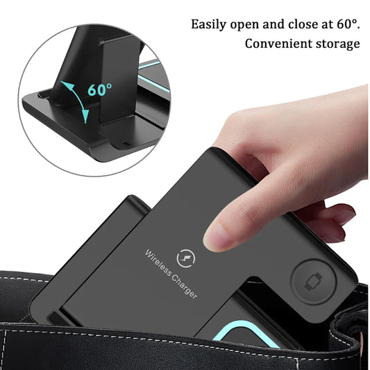 Chargez avec style : le Chargeur Sans Fil Pliable 3 en 1 de 15W offre une charge rapide et pratique. Design élégant, facile à transporter, idéal pour les appareils multiples
