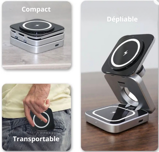 Chargeur Rapide Pliable Magnétique Qi 15W 3 en 1, Support pour Téléphone Portable
