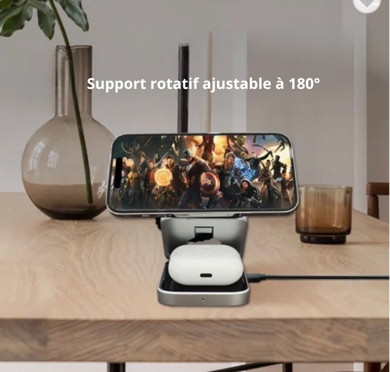 Chargeur Rapide Pliable Magnétique Qi 15W 3 en 1, Support pour Téléphone Portable