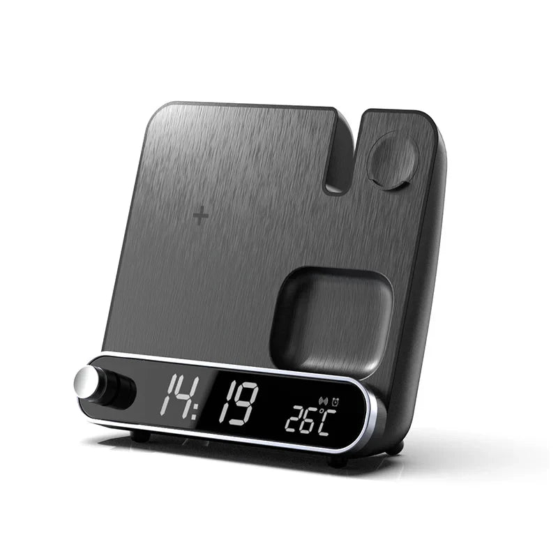 Modernisez votre espace avec le Chargeur Sans Fil 3 en 1 doté d'une horloge à affichage LED et d'une charge rapide Qi de 15W.